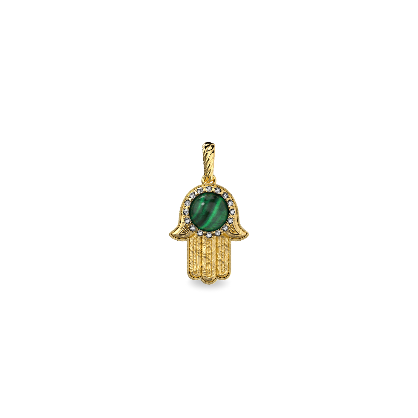 The Spiritual Hamsa Pendant, White Diamond Halo - PASCAL#color_18k-yellow-gold-vermeil-white-diamond-malachite