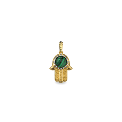 The Spiritual Hamsa Pendant, White Diamond Halo - PASCAL#color_18k-yellow-gold-vermeil-white-diamond-malachite