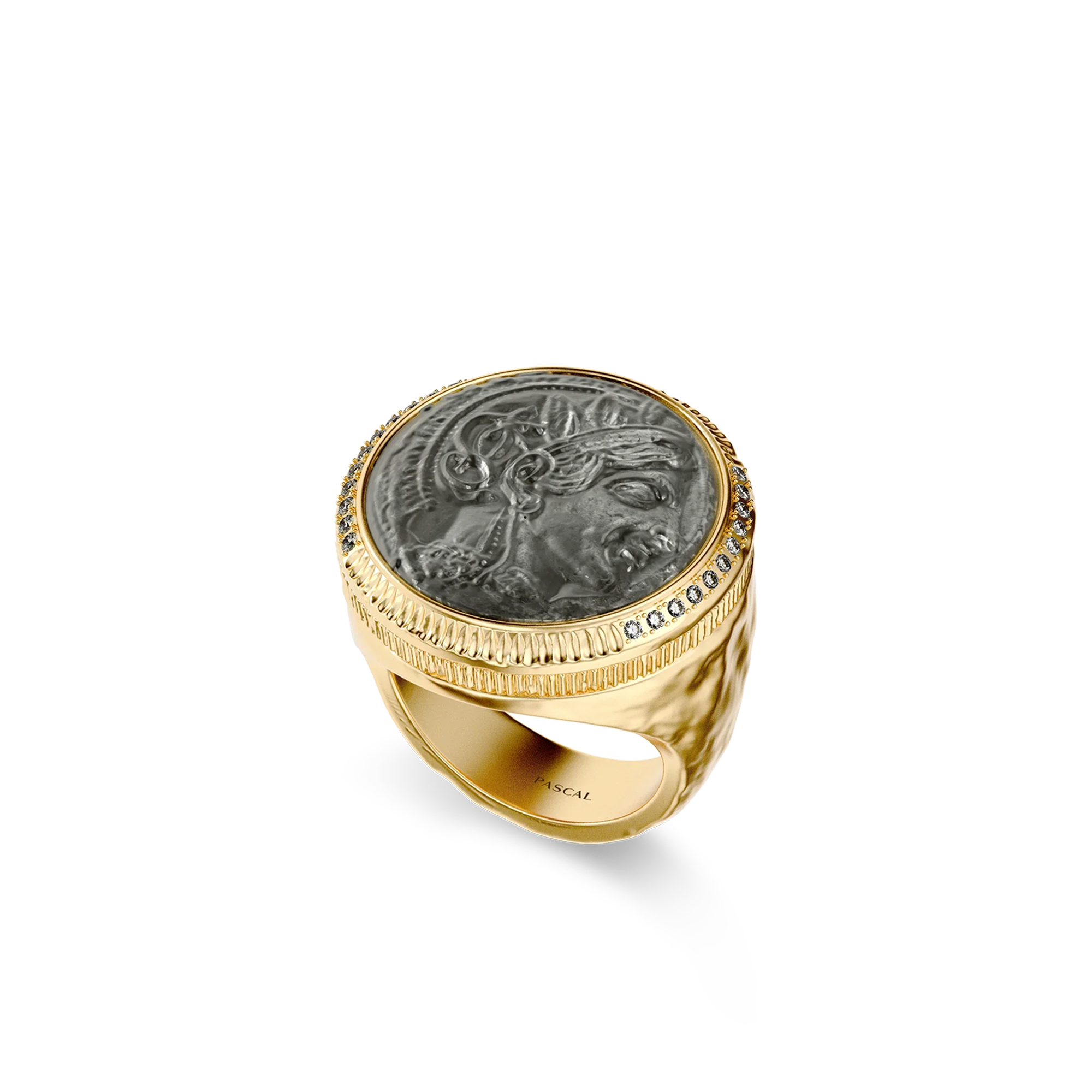 Athena Coin Signet Ring, White Diamond - PASCAL#color_18k-yellow-gold-vermeil-white-diamond