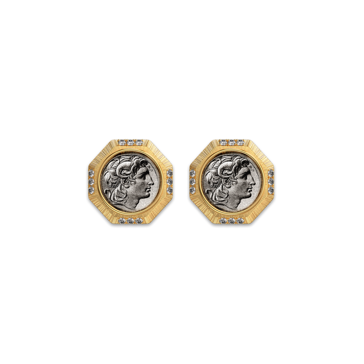 Orecchini con moneta 'The Great Civitas' Alessandro Magno, diamante bianco