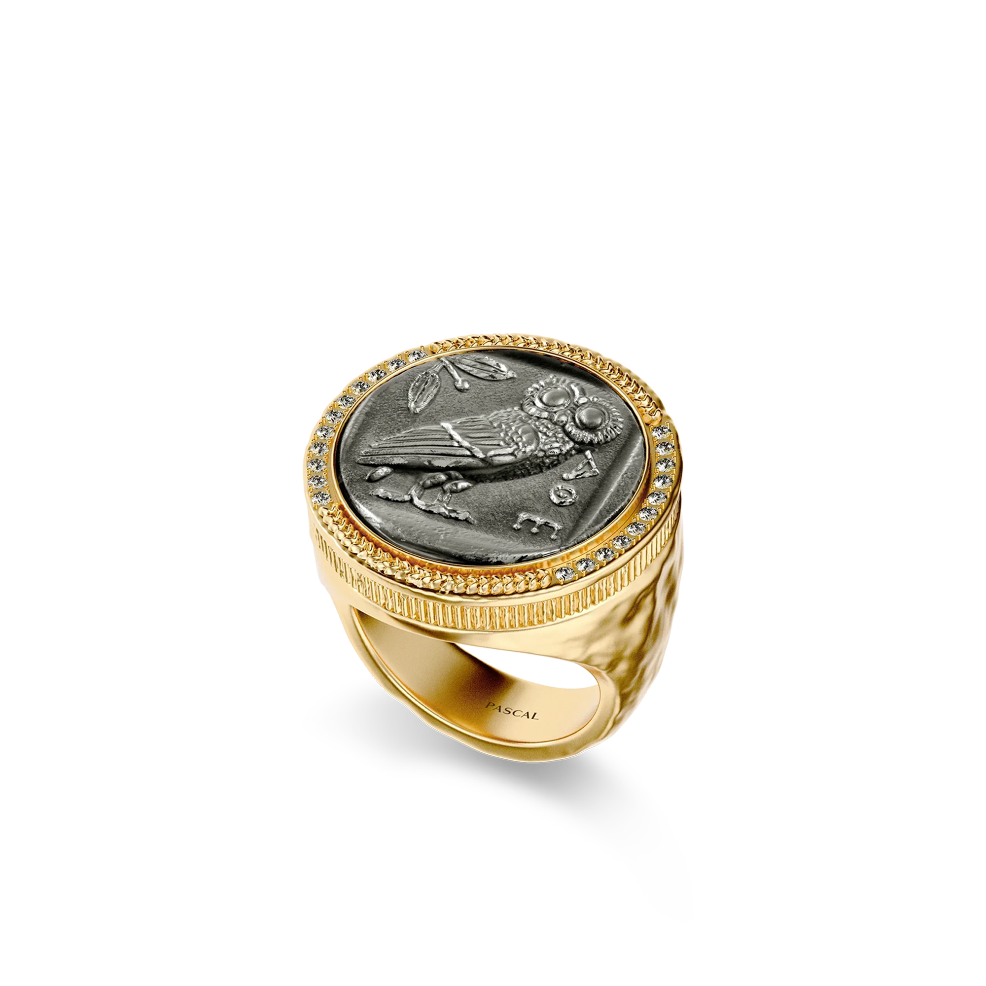 Owl Coin Signet Ring, White Diamond - PASCAL#color_18k-yellow-gold-vermeil-white-diamond
