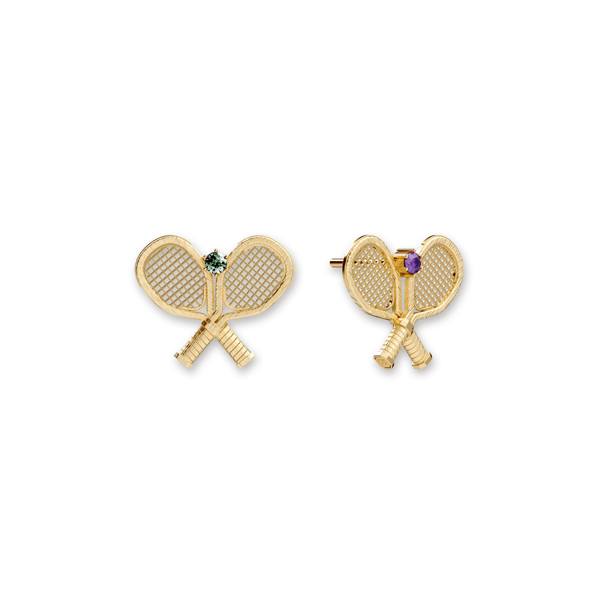 'The Tennis' Stud Earrings, Green Diamond - PASCAL#color_18k-yellow-gold-vermeil-green-giamond-purple -gemstone