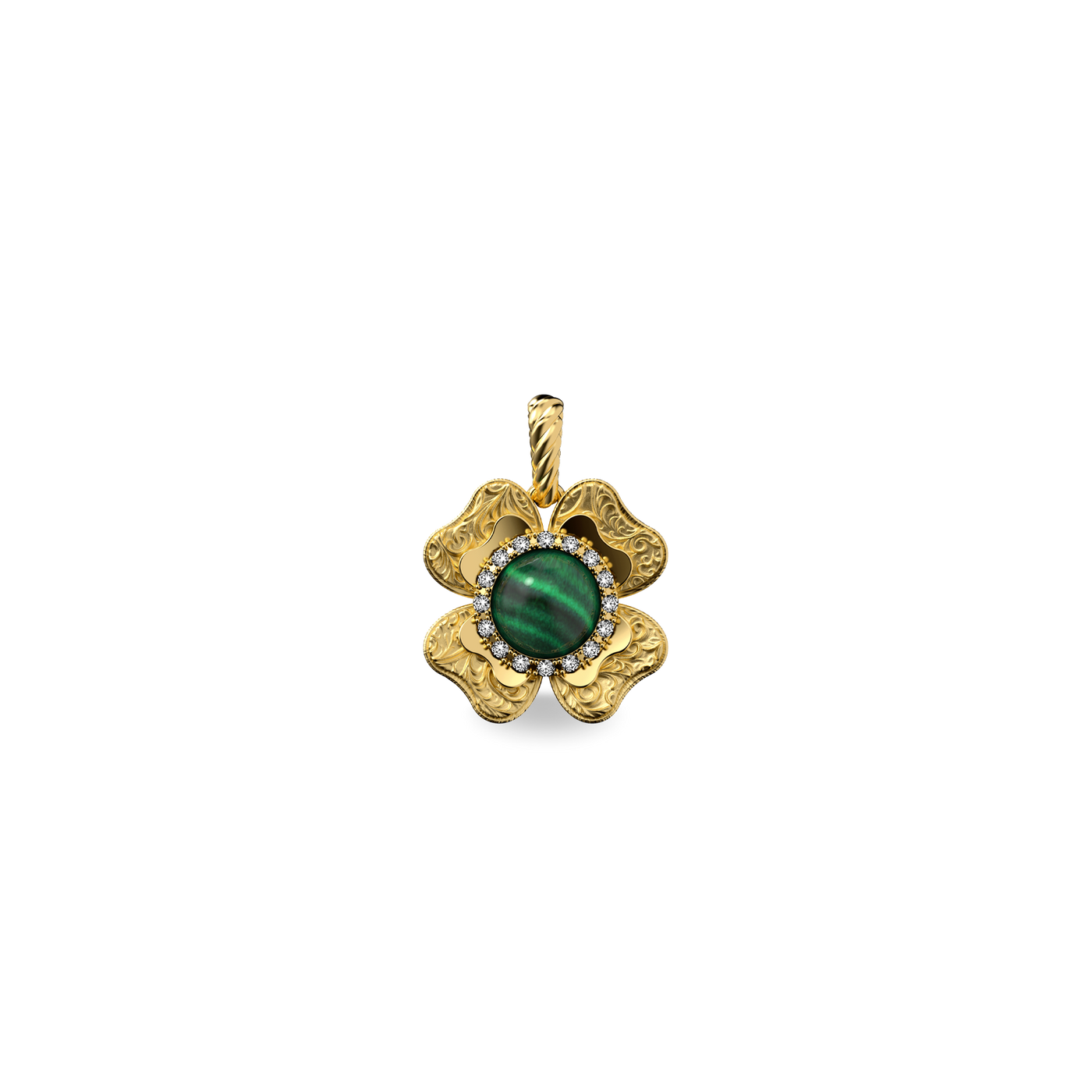 The Spiritual Clover Pendant, White Diamond Halo - PASCAL#color_18k-yellow-gold-vermeil-white-diamond-malachite