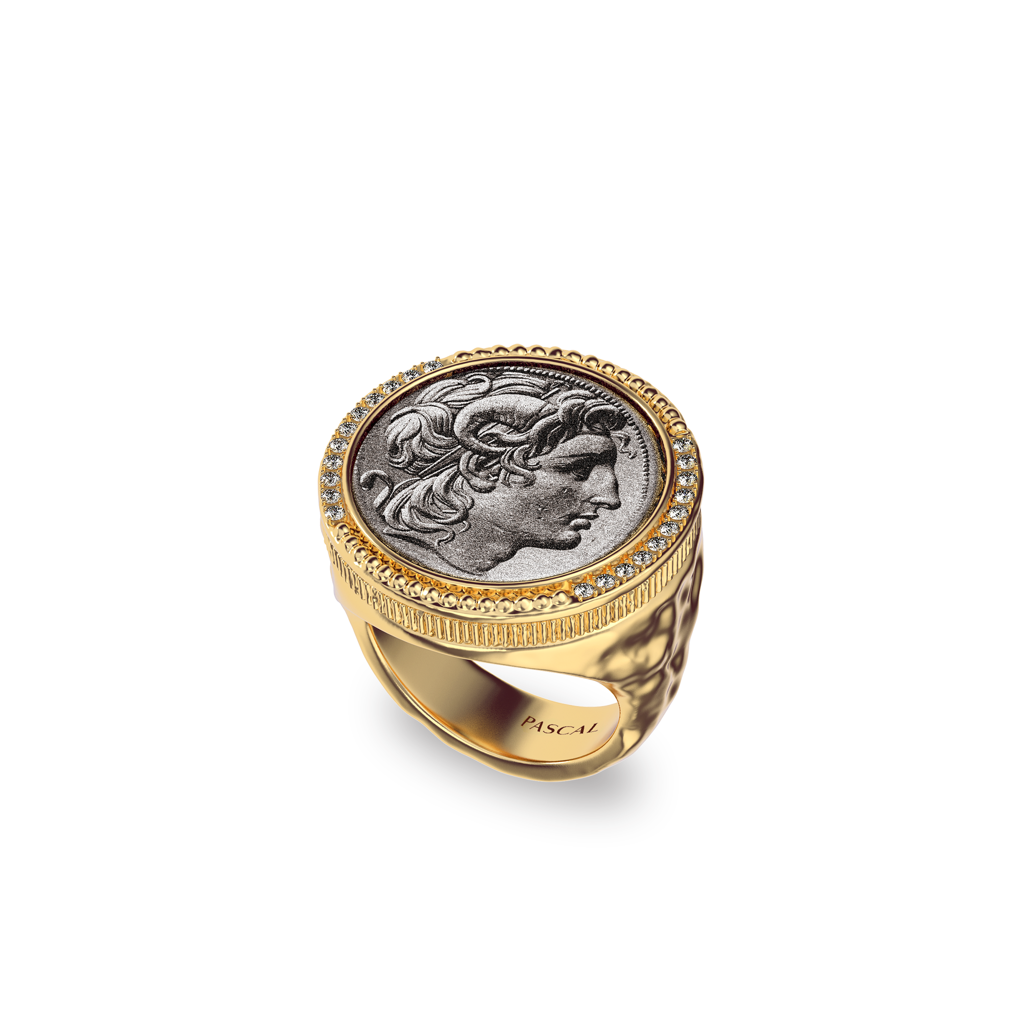The Great Civitas Alexander the Great Coin Signet Ring, White Diamond - PASCAL#color_#color_18k-yellow-gold-vermeil-white-diamond