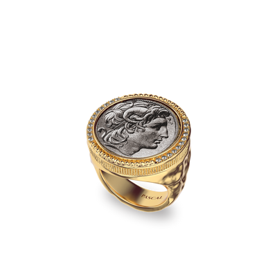 The Great Civitas Alexander the Great Coin Signet Ring, White Diamond - PASCAL#color_#color_18k-yellow-gold-vermeil-white-diamond