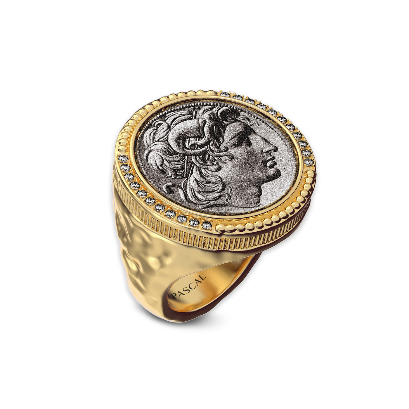 'The Great Civitas' Alexander the Great Coin Signet Ring, White Diamond