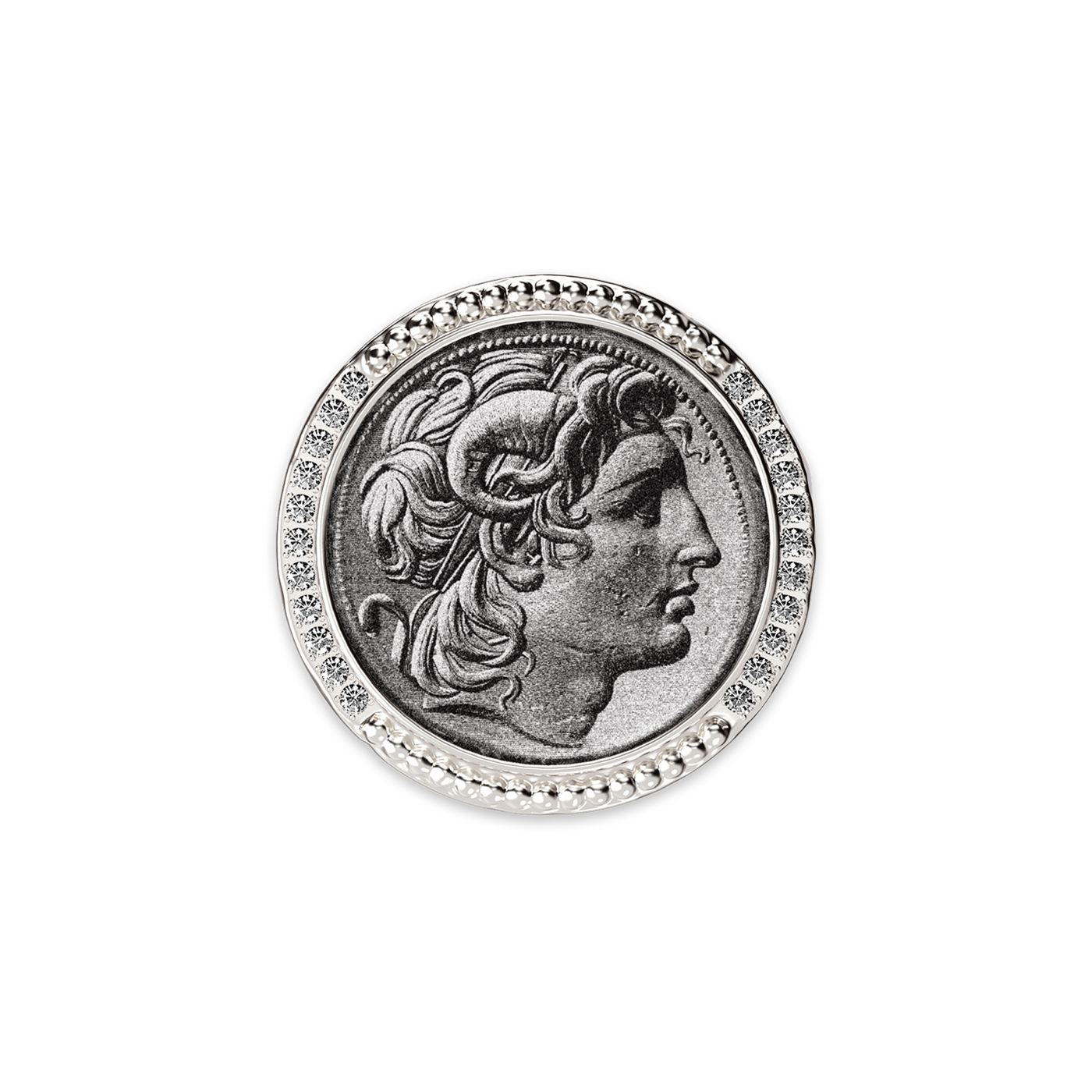 'The Great Civitas' Alexander the Great Coin Signet Ring, White Diamond