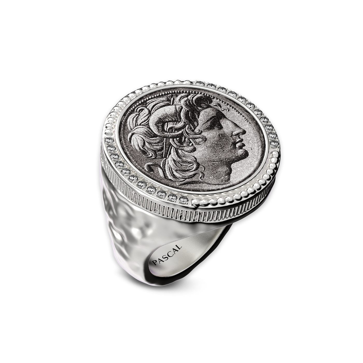 'The Great Civitas' Alexander the Great Coin Signet Ring, White Diamond