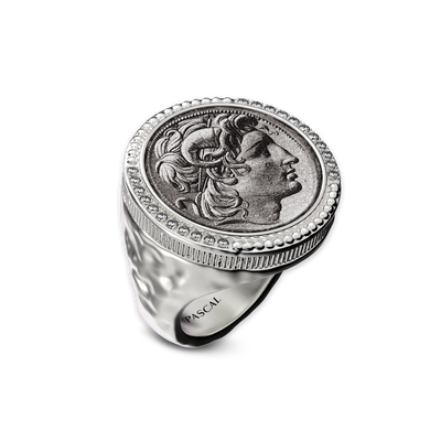 'The Great Civitas' Alexander the Great Coin Signet Ring, White Diamond