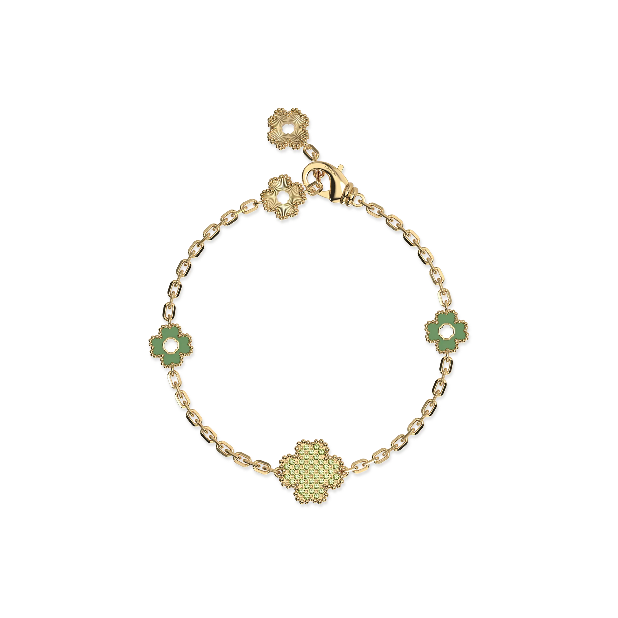 Lucky Clover 5 motifs Bracelet, Green Diamond Pyramid Setting - PASCAL#color_18k-yellow-gold-vermeil-green-enamel