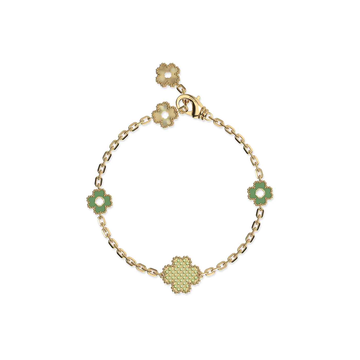 Lucky Clover 5 motifs Bracelet, Green Diamond Pyramid Setting - PASCAL#color_18k-yellow-gold-vermeil-green-enamel