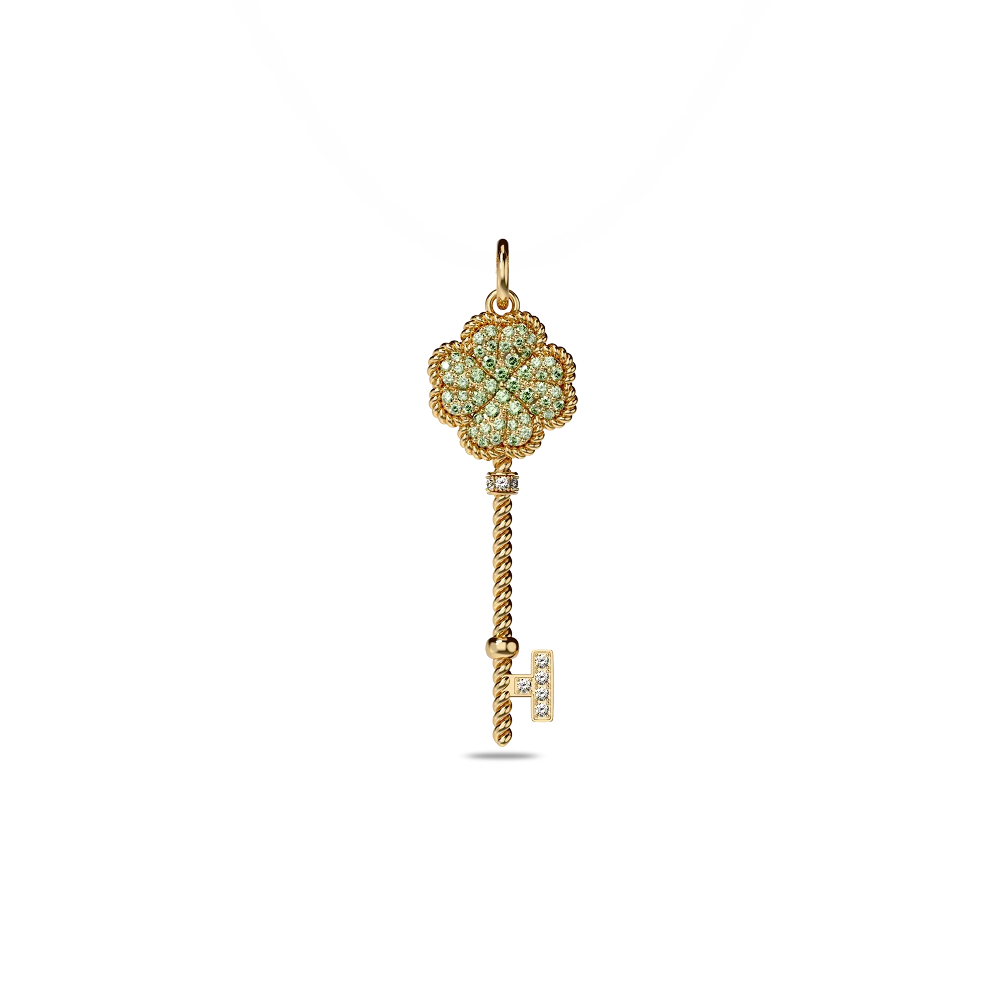 Lucky Clover Key Pendant, Green Diamond Pavé - PASCAL#color_18k-yellow-gold-vermeil-green-white-diamond