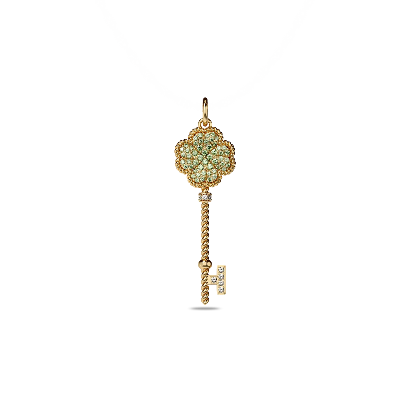 Lucky Clover Key Pendant, Green Diamond Pavé - PASCAL#color_18k-yellow-gold-vermeil-green-white-diamond