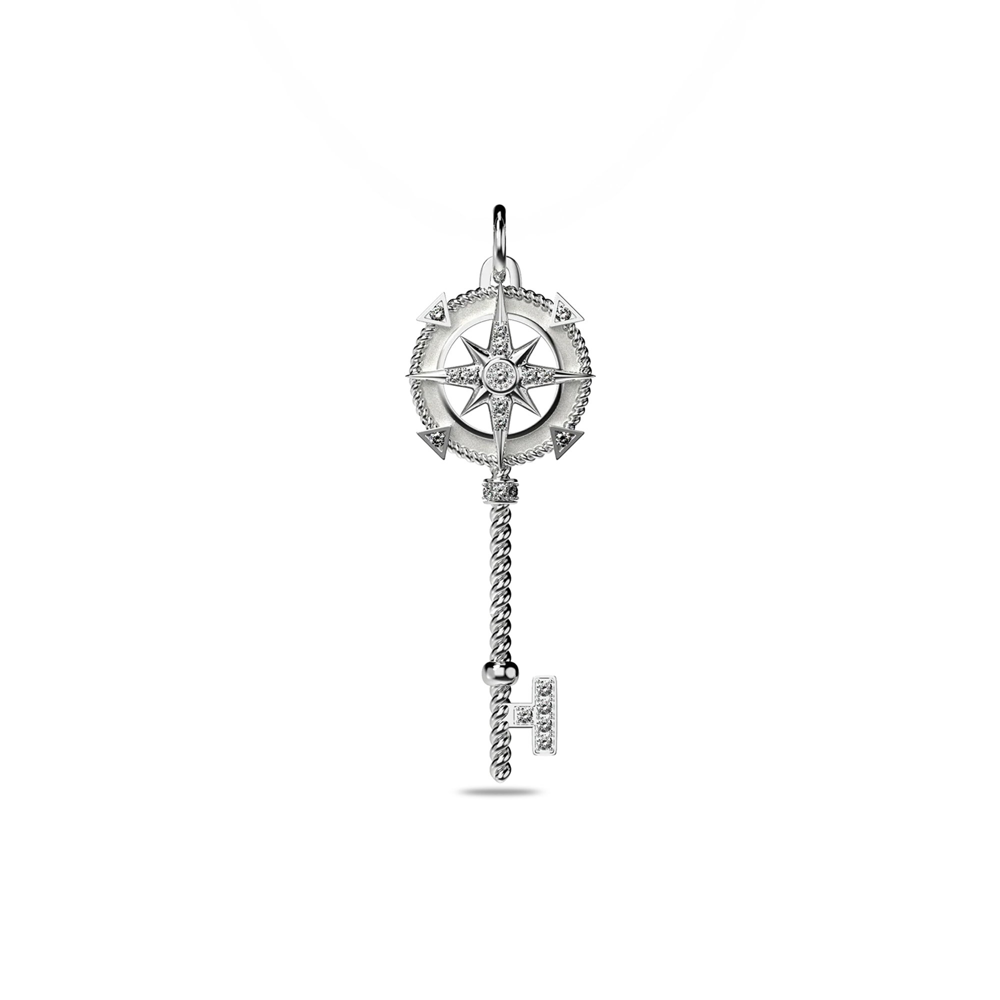 Compass Skeleton Key Pendant, White Diamond Pavé - PASCAL#color_18k-white-gold-vermeil-white-diamond