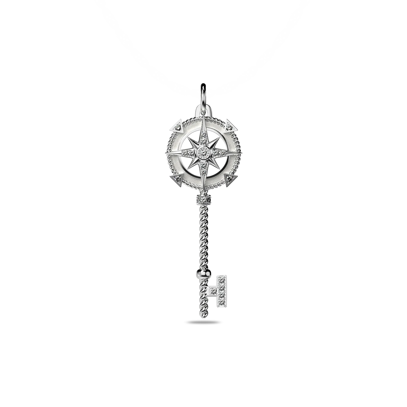 Compass Skeleton Key Pendant, White Diamond Pavé - PASCAL#color_18k-white-gold-vermeil-white-diamond