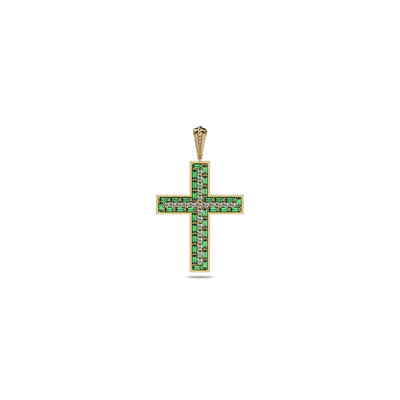 Vetustus Diamond Cross Pendant - PASCAL#color_18k-yellow-gold-vermeil-white-diamond-green-gemstone