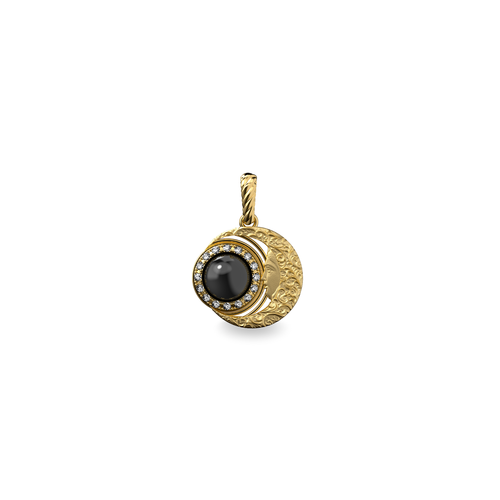 'The Spiritual' Moon Pendant, White Diamond Halo - PASCAL#color_18k-yellow-gold-vermeil-white-diamond-obsidian