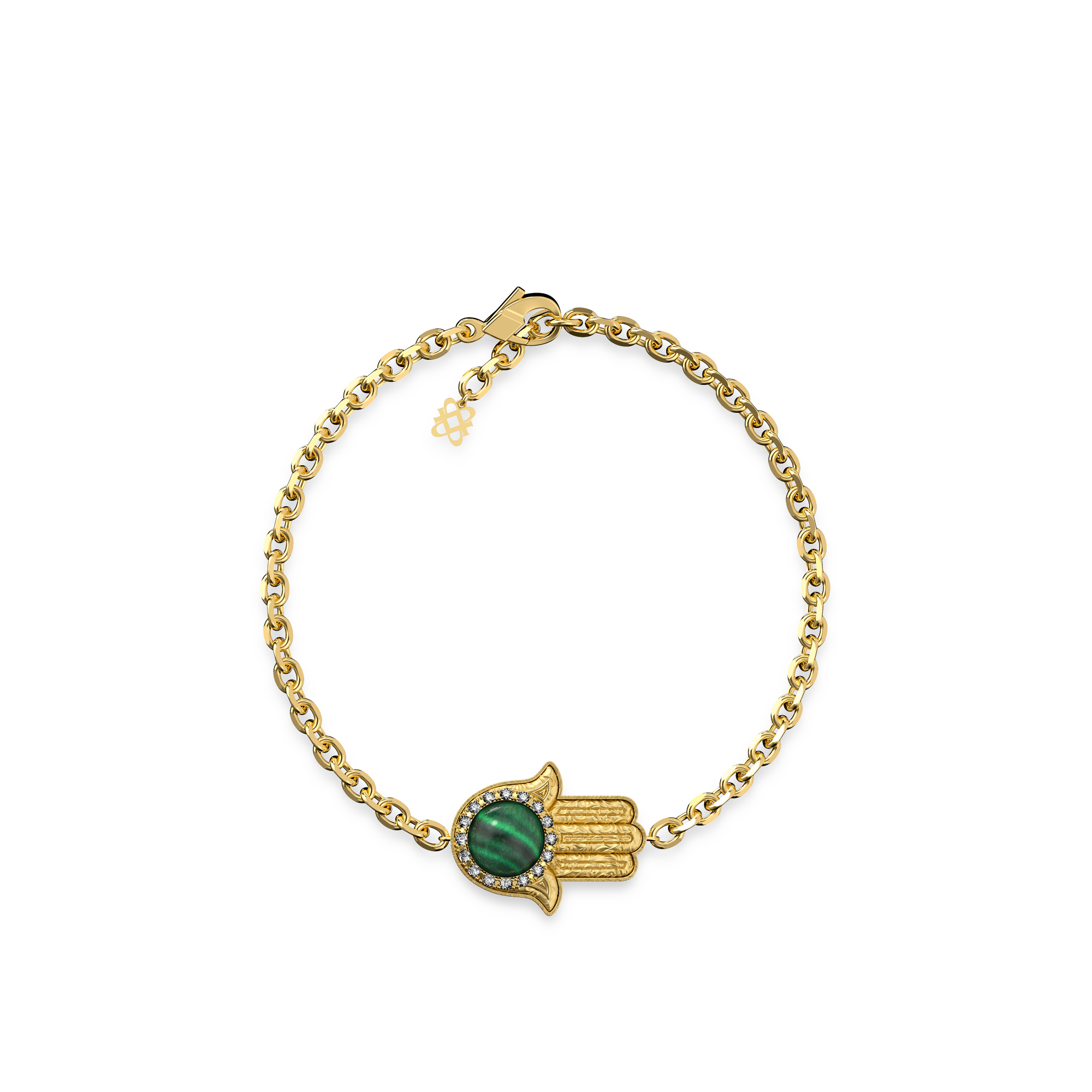 The Spiritual Hamsa Bracelet, White Diamond Halo - PASCAL#color_18k-yellow-gold-vermeil-white-diamond-malachite