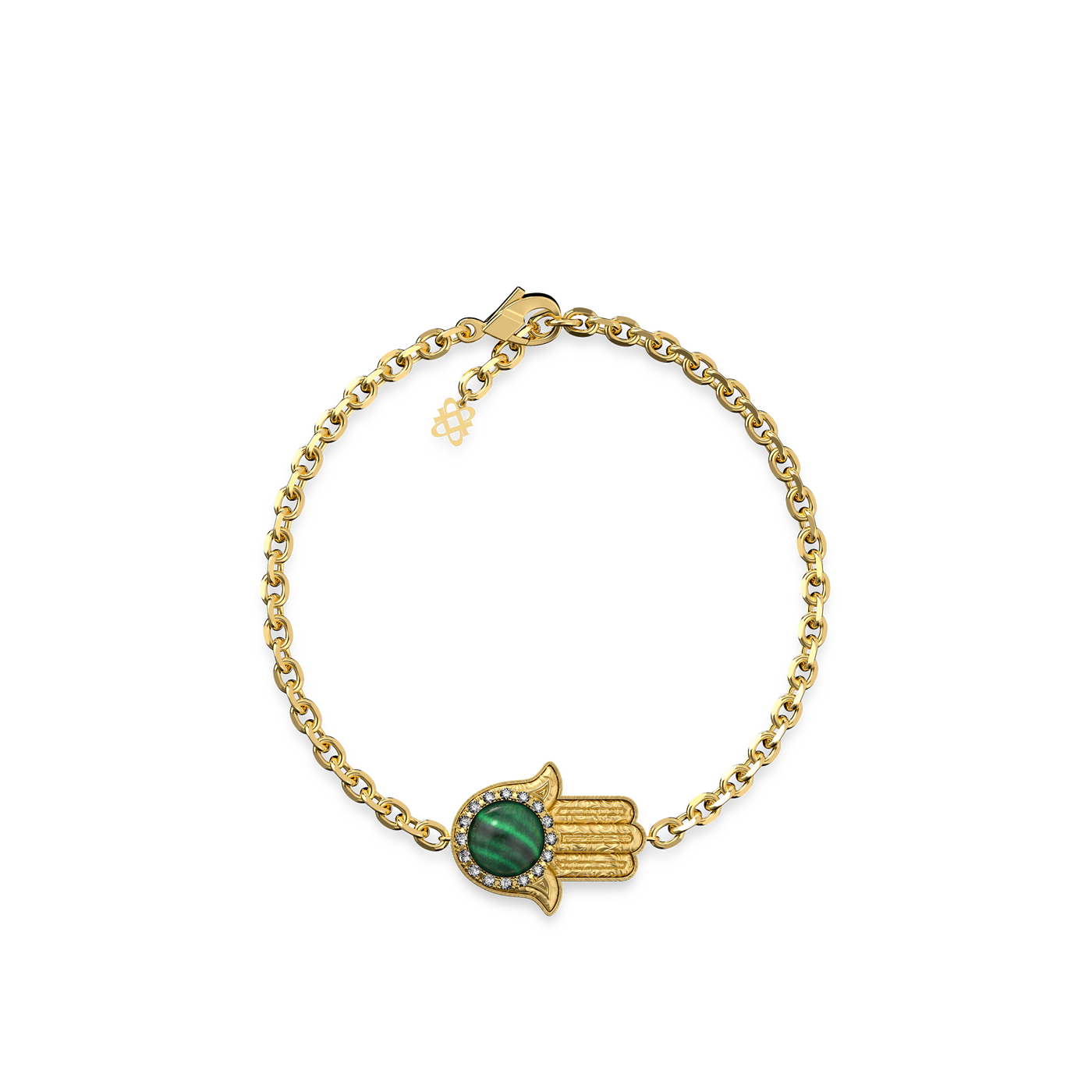 The Spiritual Hamsa Bracelet, White Diamond Halo - PASCAL#color_18k-yellow-gold-vermeil-white-diamond-malachite