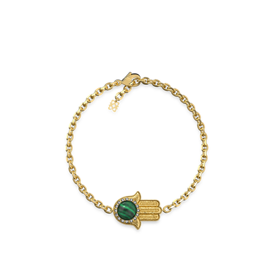 The Spiritual Hamsa Bracelet, White Diamond Halo - PASCAL#color_18k-yellow-gold-vermeil-white-diamond-malachite