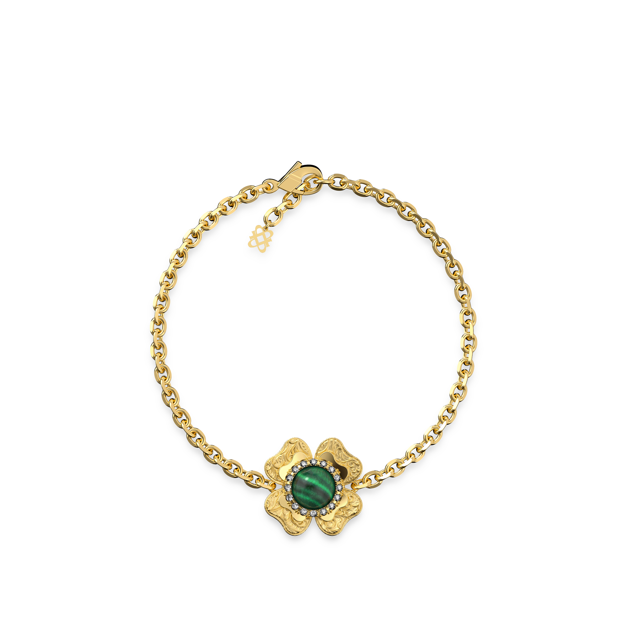 The Spiritual Clover Bracelet, White Diamond Halo - PASCAL#color_18k-yellow-gold-vermeil-white-diamond-malachite