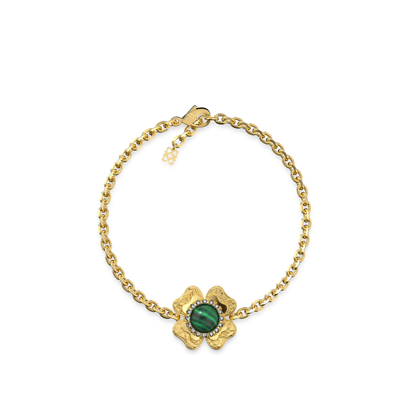 The Spiritual Clover Bracelet, White Diamond Halo - PASCAL#color_18k-yellow-gold-vermeil-white-diamond-malachite