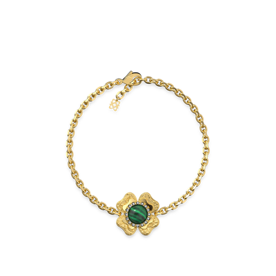 The Spiritual Clover Bracelet, White Diamond Halo - PASCAL#color_18k-yellow-gold-vermeil-white-diamond-malachite