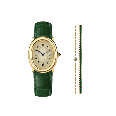 Oval Bubble Diamond Watch Gift Set in Lush Green - PASCAL