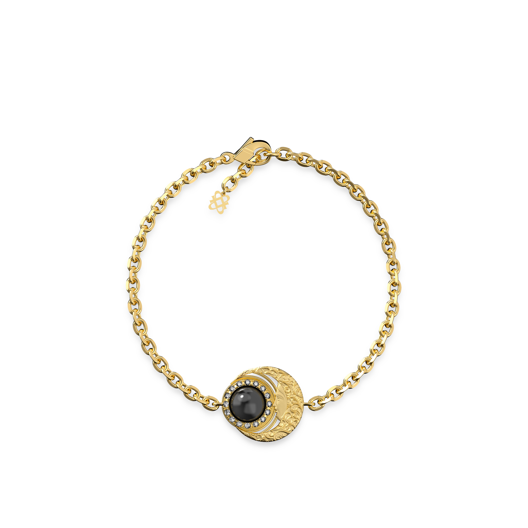 The Spiritual Moon Bracelet, White Diamond Halo - PASCAL#color_18k-yellow-gold-vermeil-white-diamond-obsidian