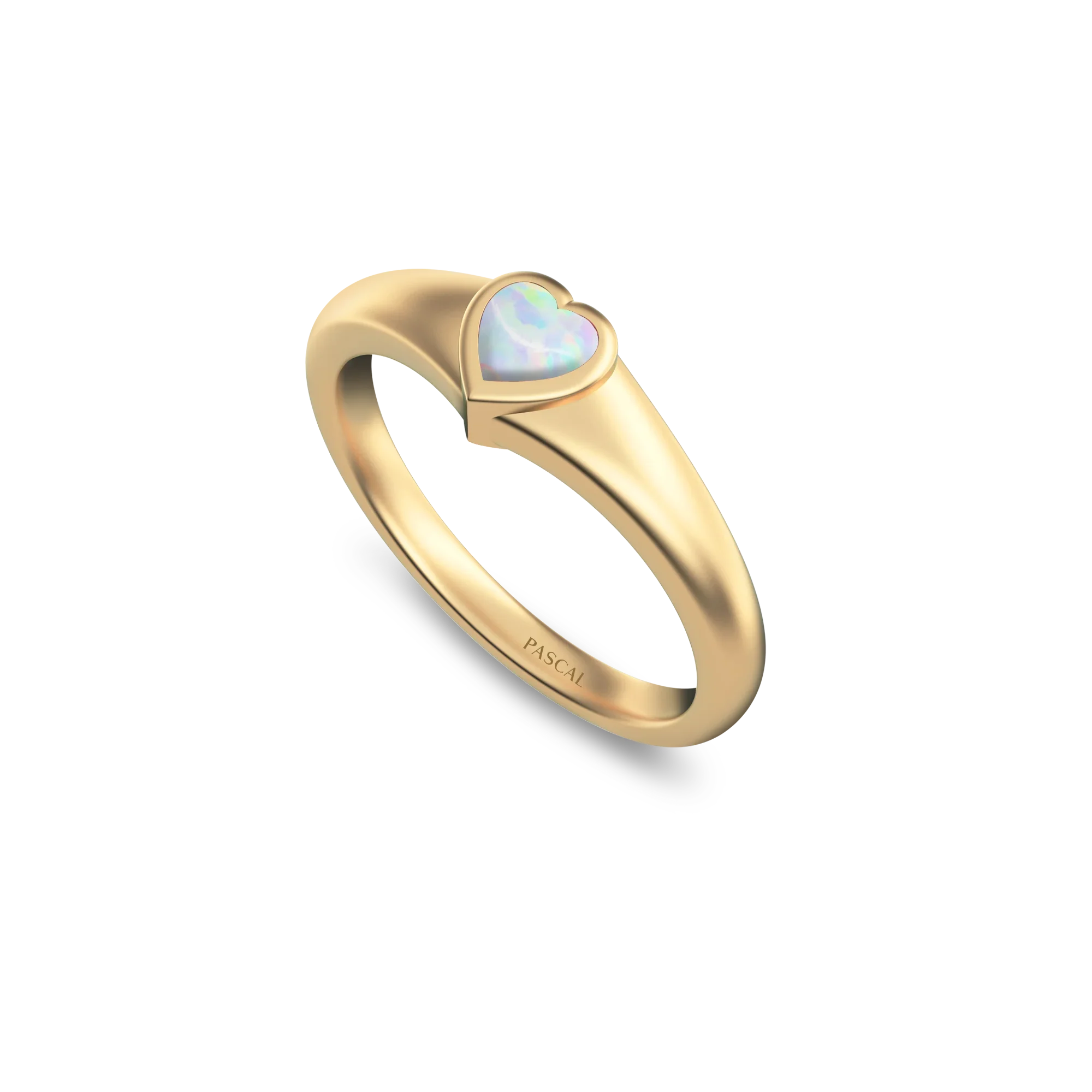Rainbow sheen opal heart promise ring yellow gold signet jewelry