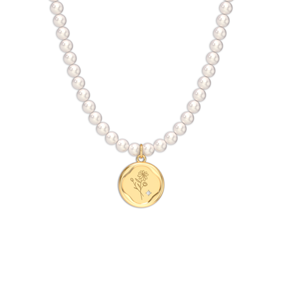 Birth Flower Pearl Diamond Necklace