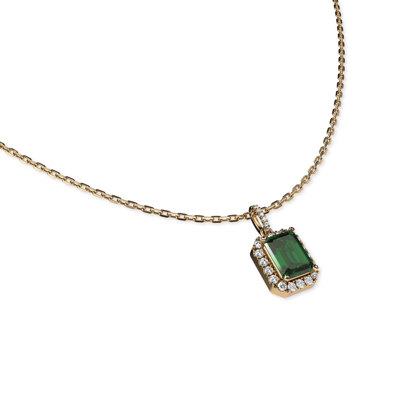 Classic Halo Emerald Gemstone Diamond Pendant