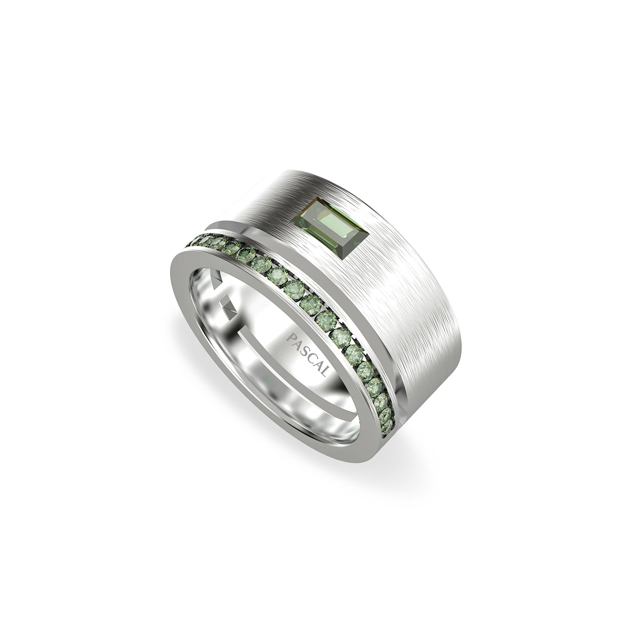 White Gold Timeless Wide Band Promise Ring green gemstone