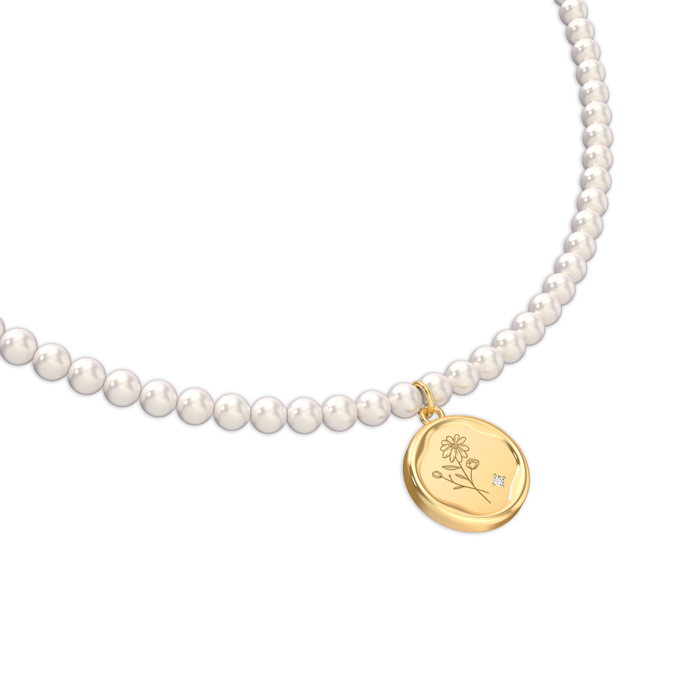 Birth Flower Pearl Diamond Necklace