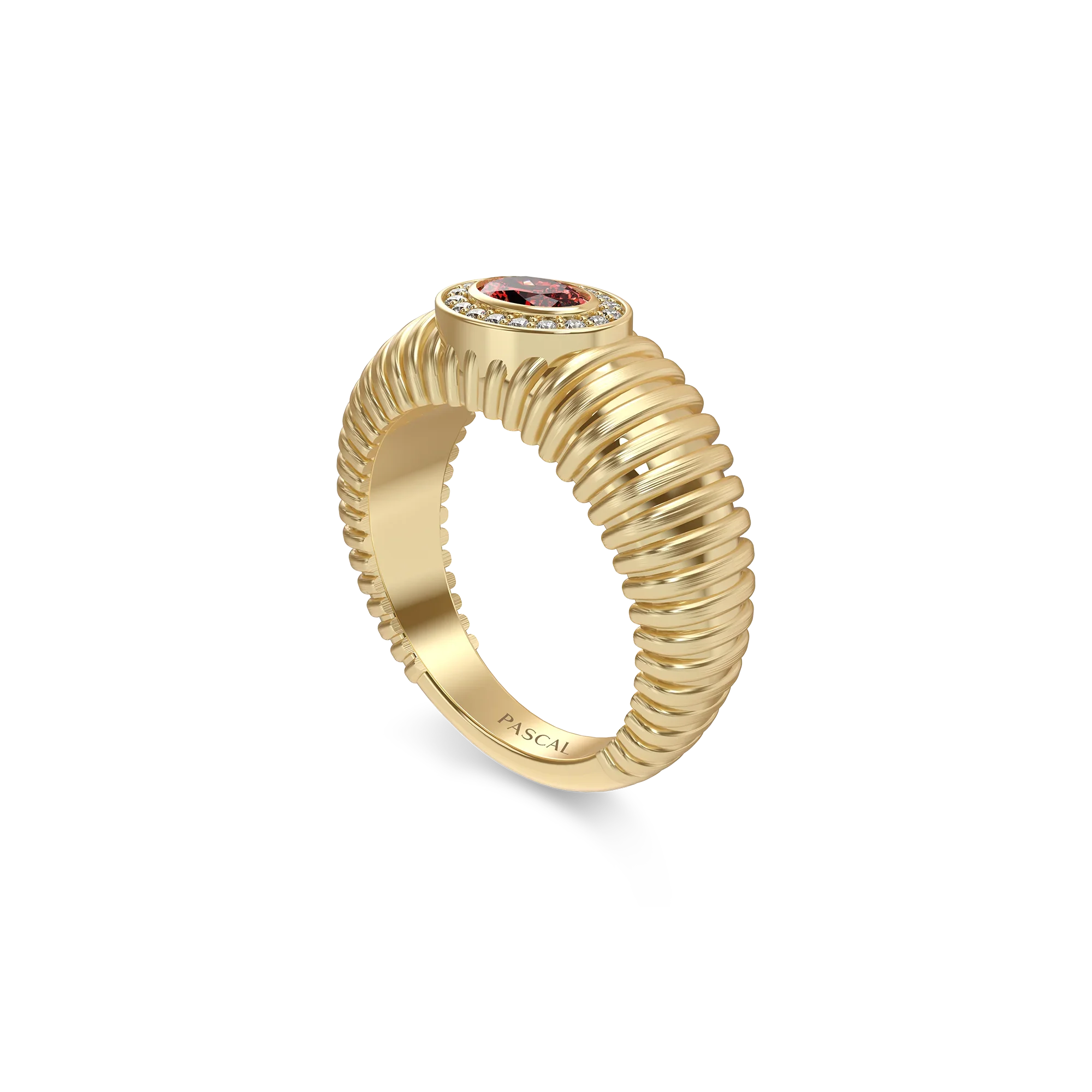 Yellow Gold Elegant Stripes Dome Ring with red gemstone sparkling diamonds promise jewelry