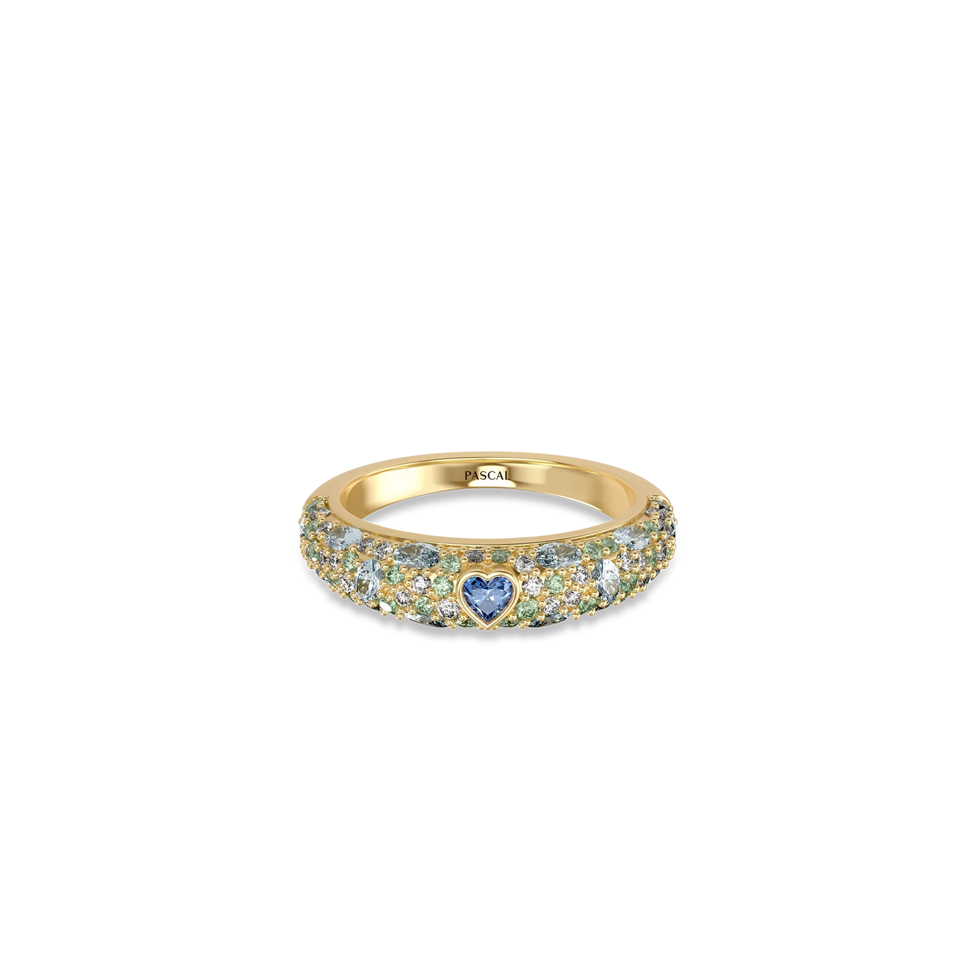 Dreamy Heart Pave Diamond Dome Promise Ring yellow gold with white and green diamonds and blue gemstones#color_18k-yellow-gold-vermeil-white-green-diamond-blue-gemstone