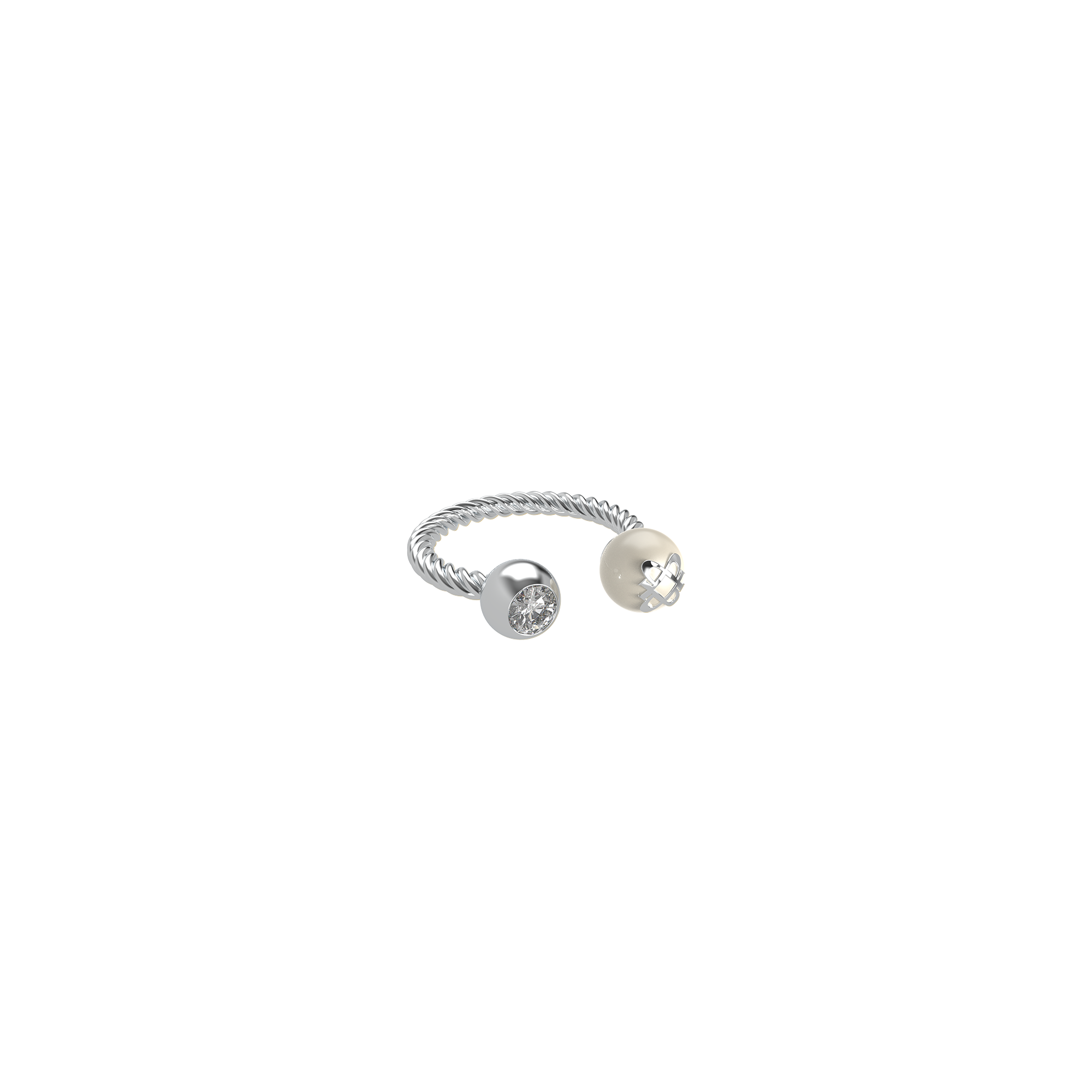 Dual White Diamond Open Ring with Pearl, 4mm | Pascal Official