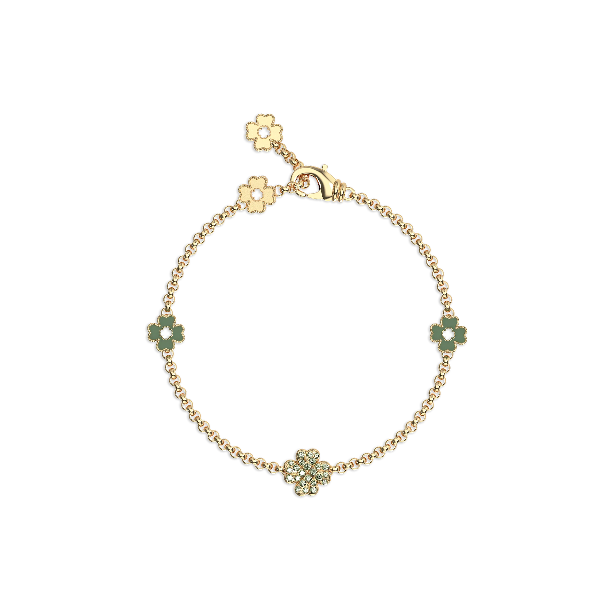 Lucky Clover 5 motifs Bracelet, Green Diamond Pavé - PASCAL#color_18k-yellow-gold-vermeil-green-enamel