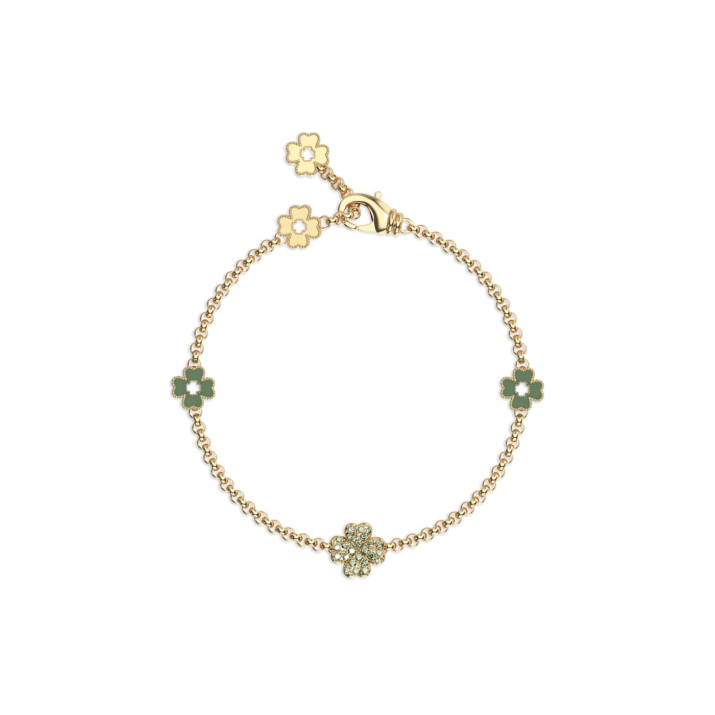 Lucky Clover 5 motifs Bracelet, Green Diamond Pavé - PASCAL#color_18k-yellow-gold-vermeil-green-enamel