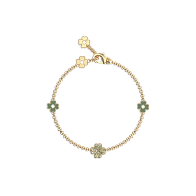 Lucky Clover 5 motifs Bracelet, Green Diamond Pavé - PASCAL#color_18k-yellow-gold-vermeil-green-enamel