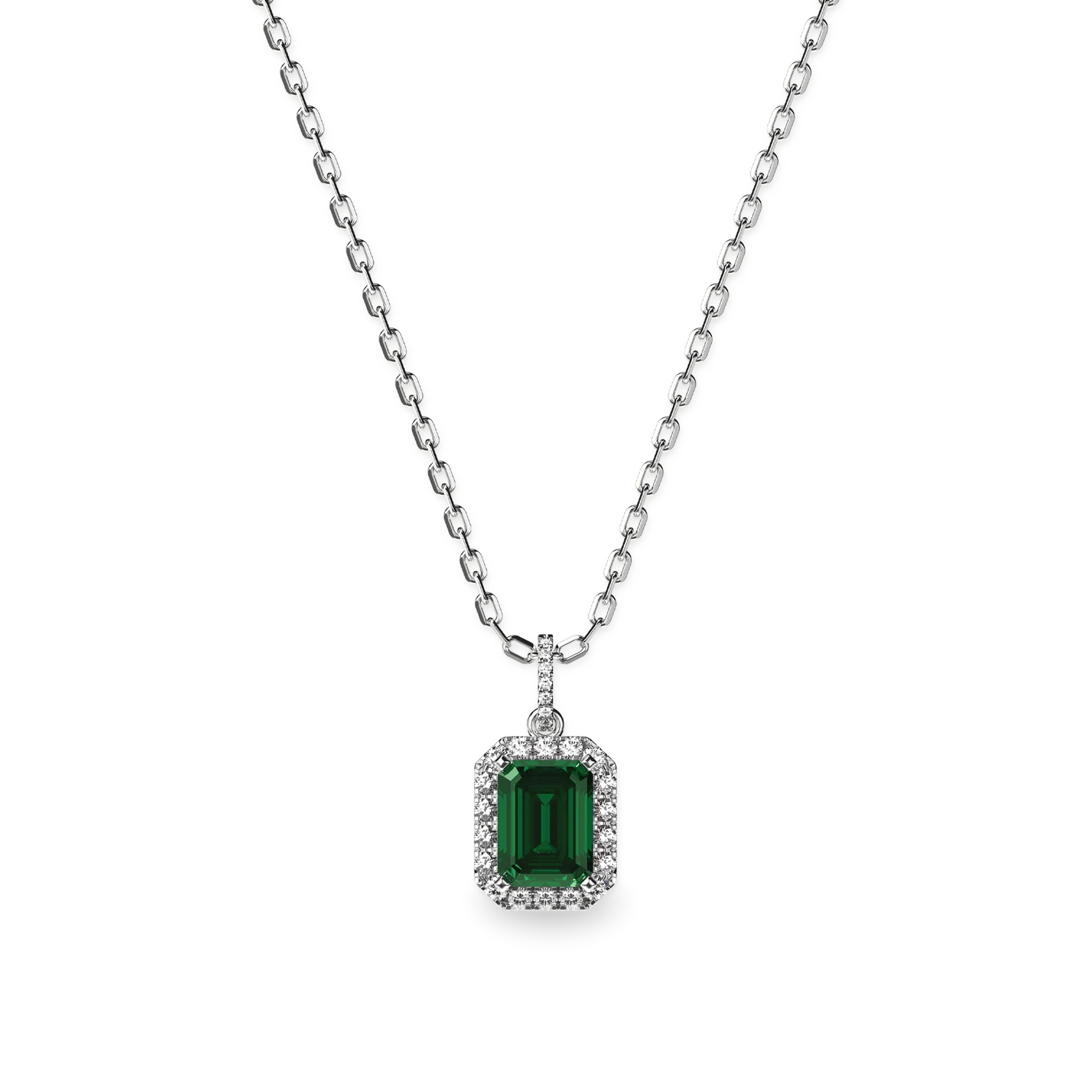 Classic Halo Emerald Gemstone Diamond Pendant - PASCAL#color_18k-white-gold-vermeil-green-gemstone