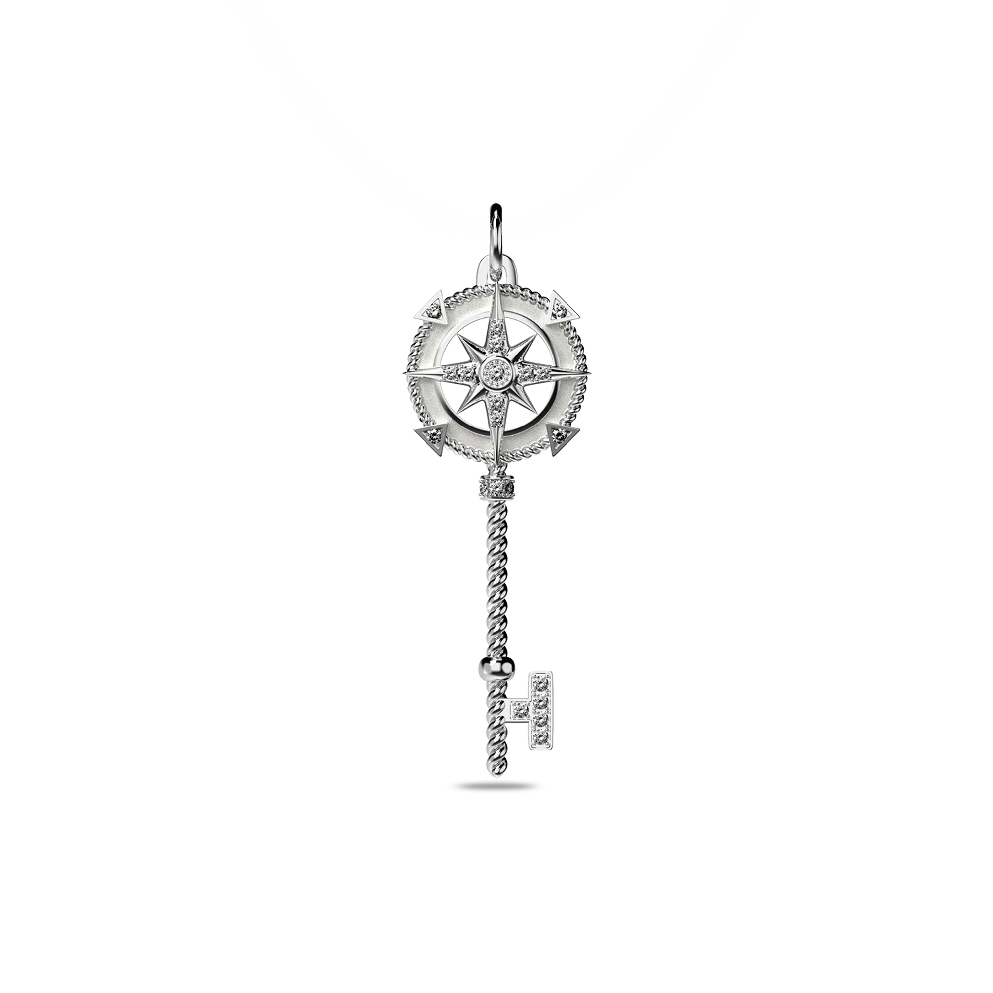Compass Skeleton Key Pendant, White Diamond Pavé - PASCAL#color_18k-white-gold-vermeil-white-diamond