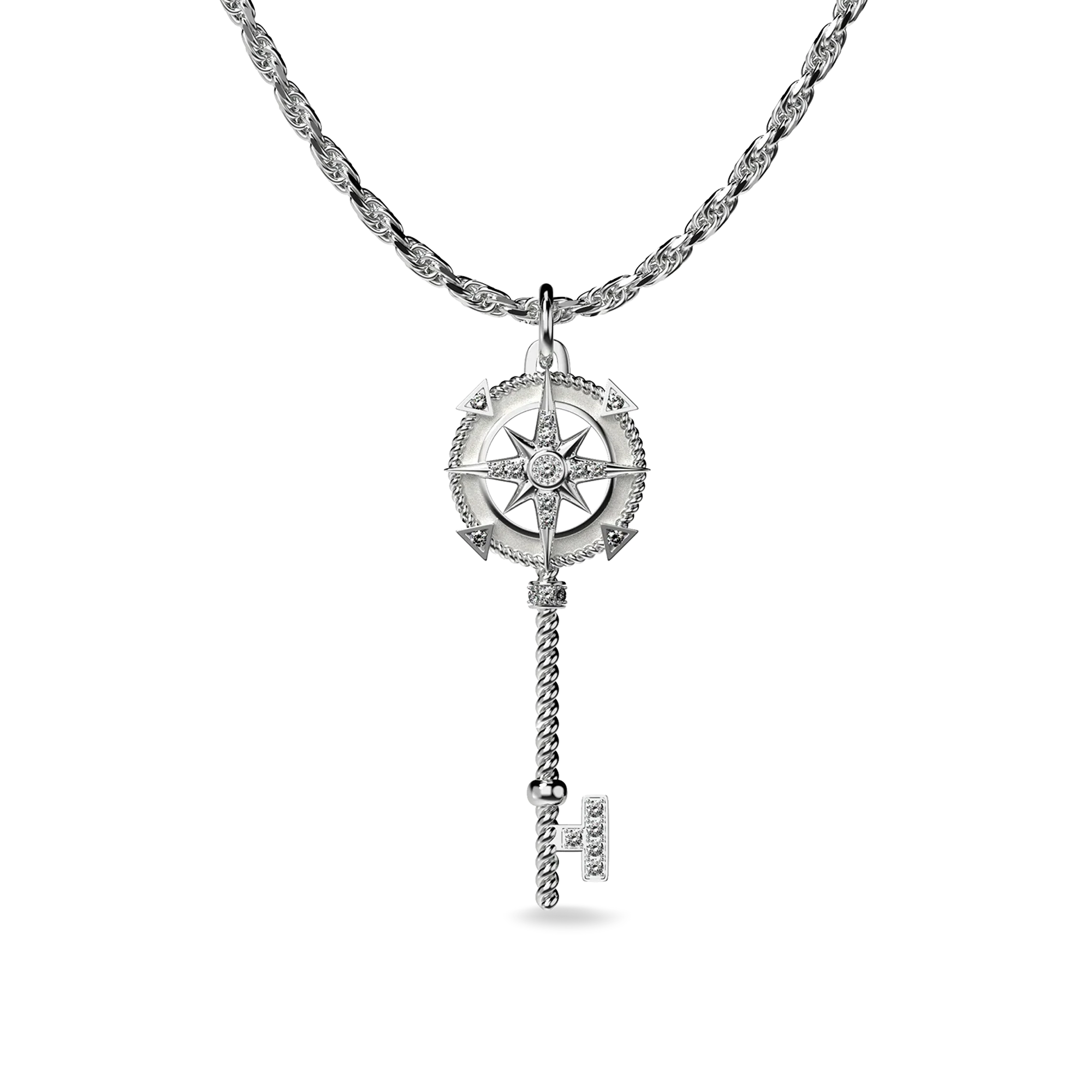 Compass Skeleton Key Pendant, White Diamond Pavé - PASCAL#color_18k-white-gold-vermeil-white-diamond