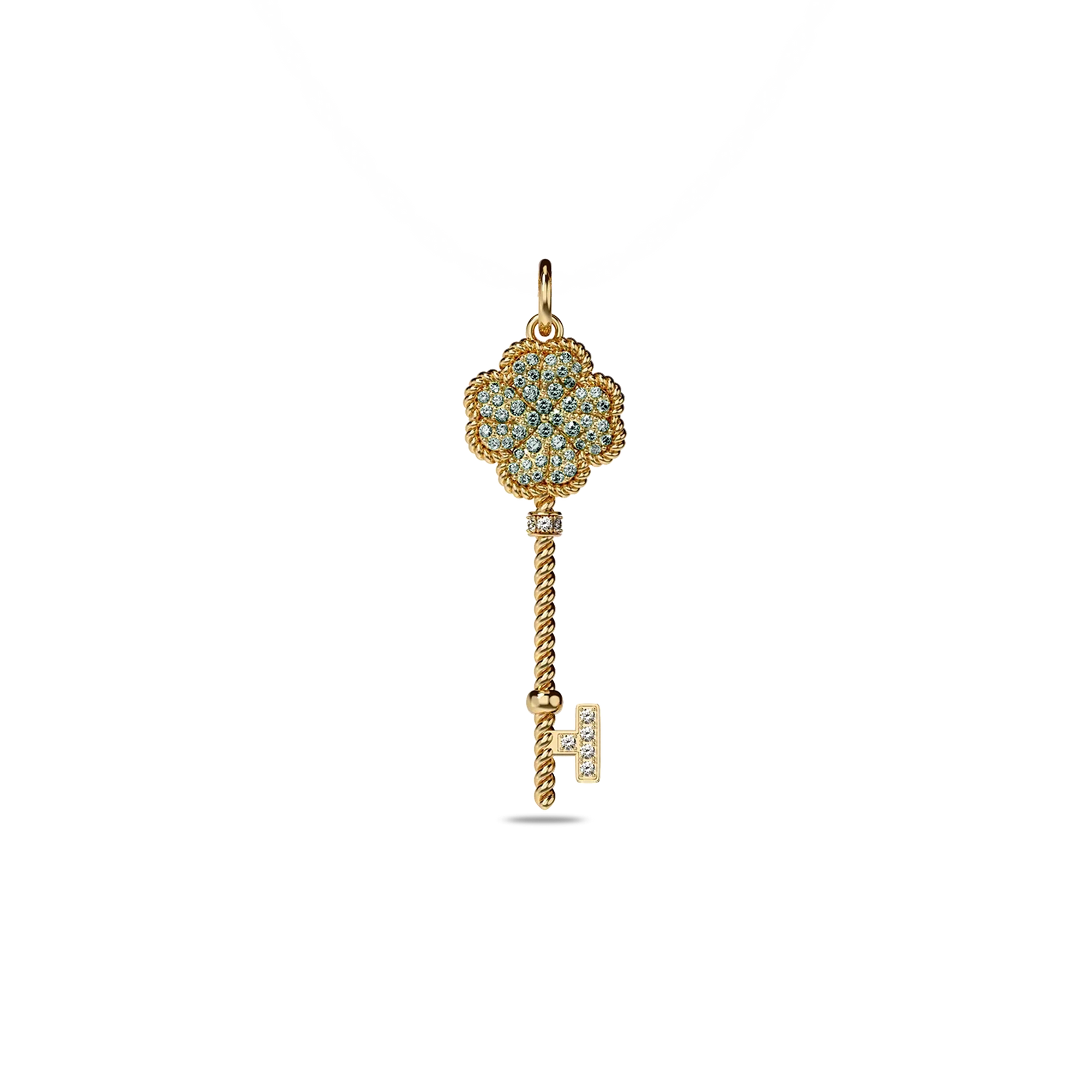 Lucky Clover Key Pendant, Green Diamond Pavé - PASCAL#color_18k-yellow-gold-vermeil-green-white-diamond
