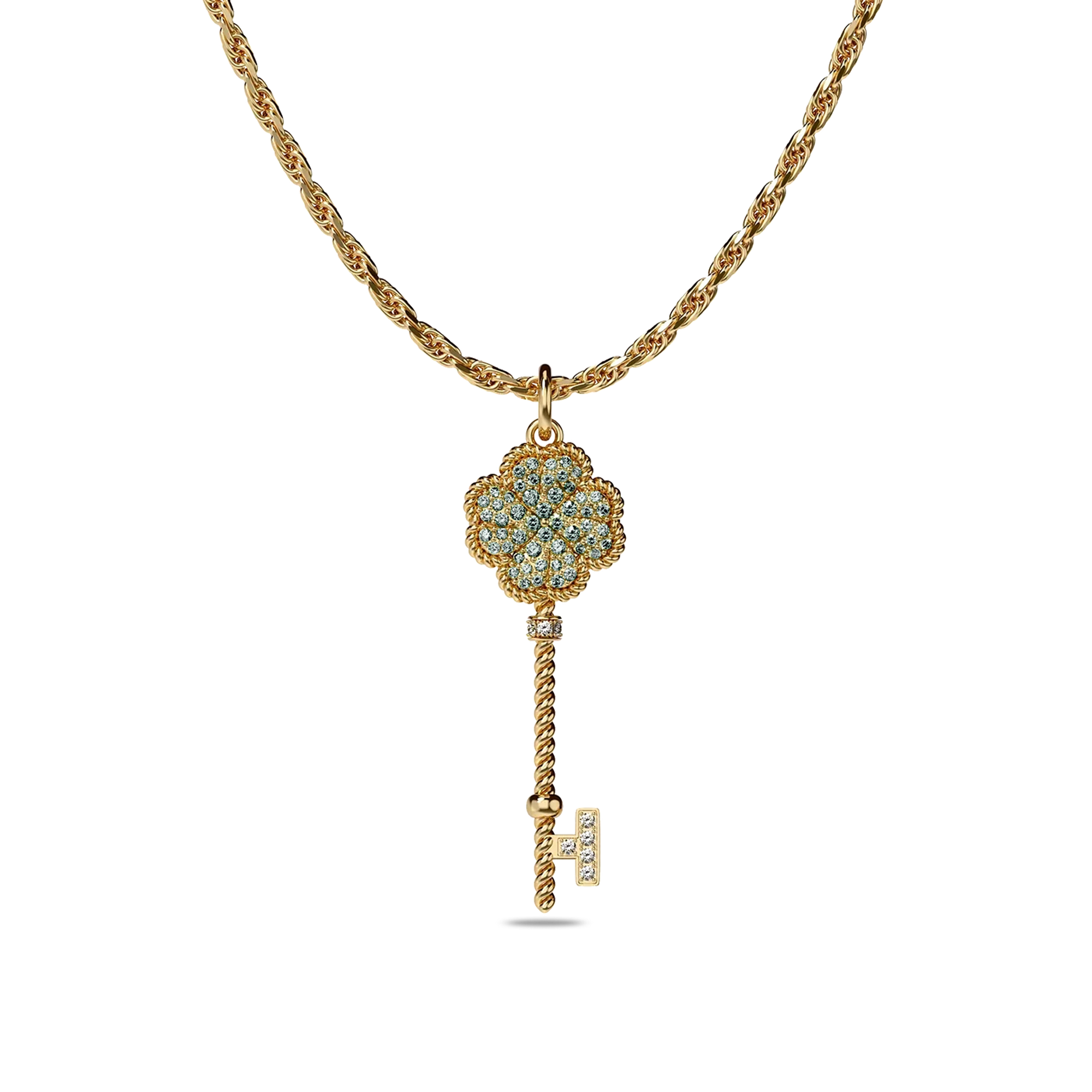 Lucky Clover Key Pendant, Green Diamond Pavé - PASCAL#color_18k-yellow-gold-vermeil-green-white-diamond