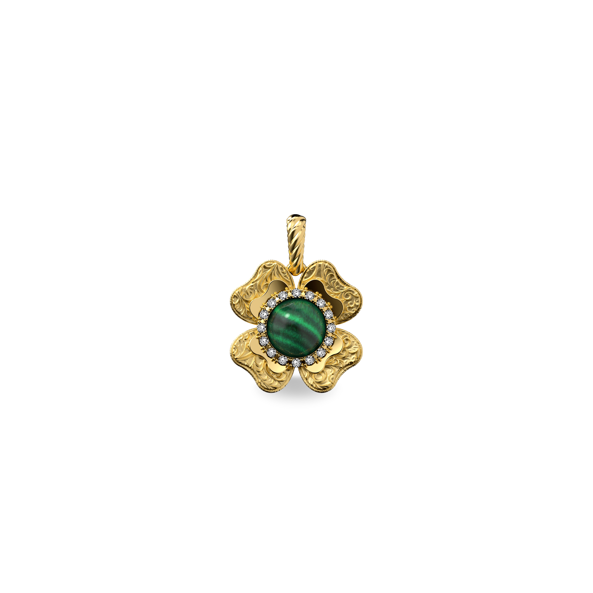 The Spiritual Clover Pendant, White Diamond Halo - PASCAL#color_18k-yellow-gold-vermeil-white-diamond-malachite