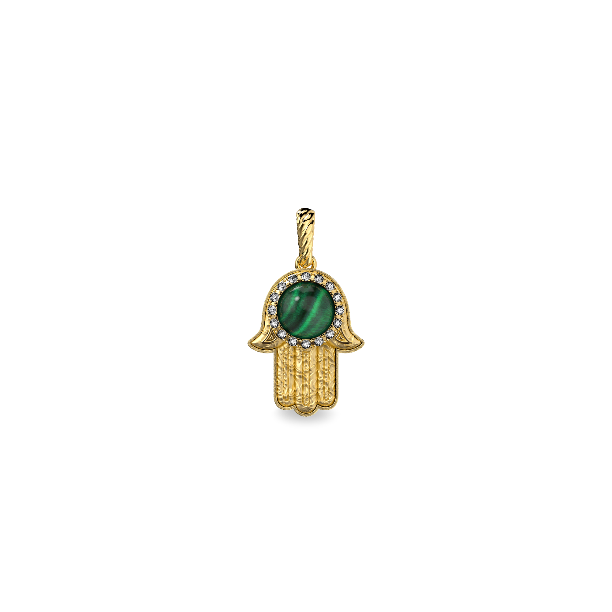 The Spiritual Hamsa Pendant, White Diamond Halo - PASCAL#color_18k-yellow-gold-vermeil-white-diamond-malachite
