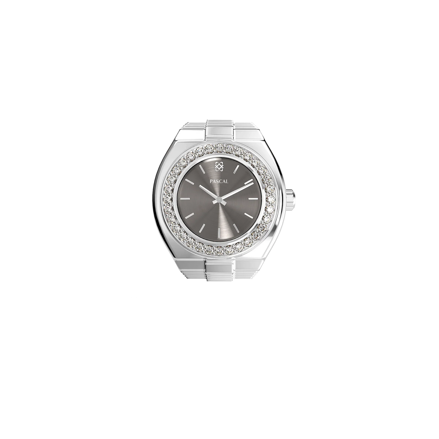 Luxe Classic Diamond Watch Ring Silver Serenade – Luxury finger ring watch for couples, a timeless silver ring timepiece that symbolizes unity and elegance | Pascaldesign