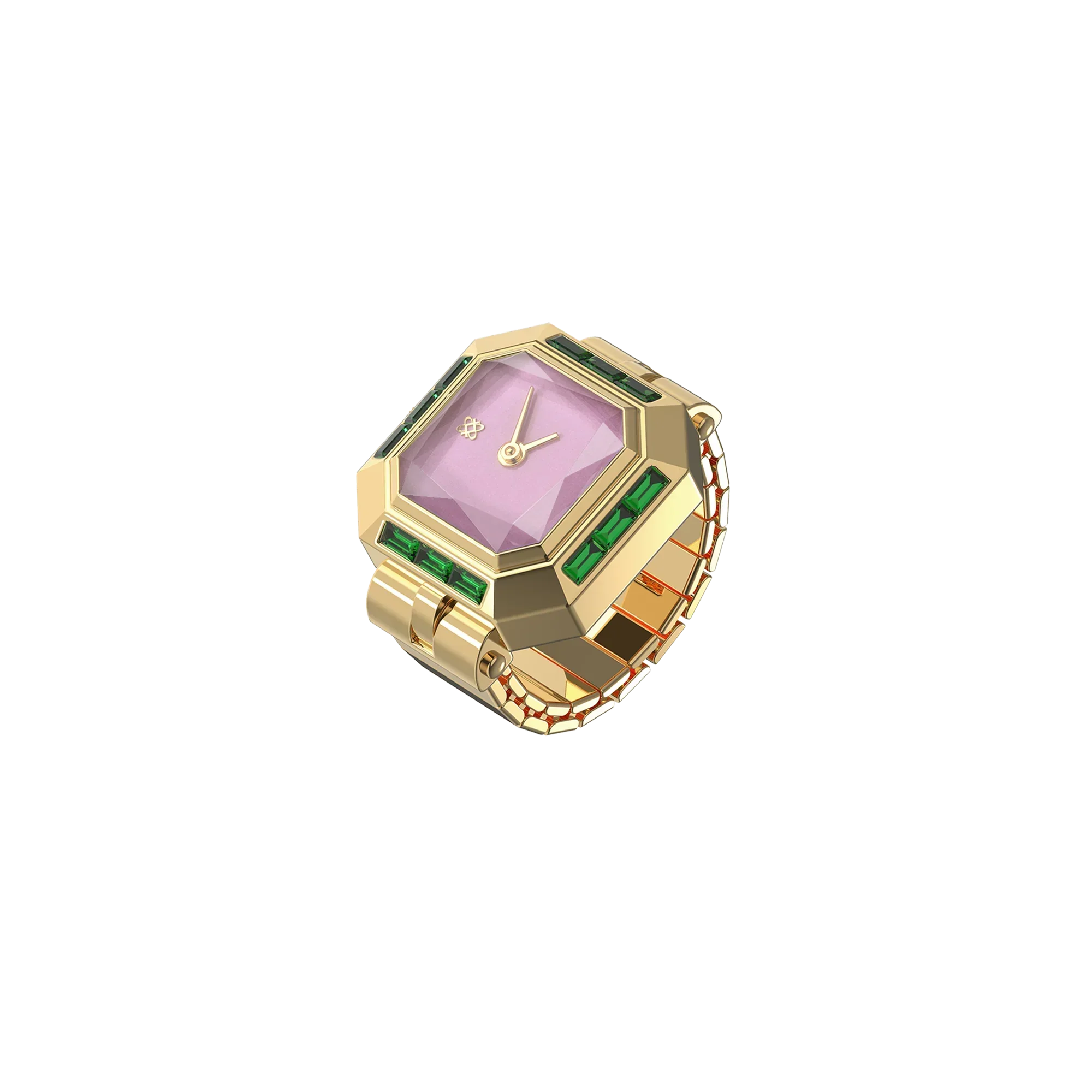 Sofia Prism Cocktail Watch Ring Blueberry Fondant - Gold Finger Watch for Women, Chic Statement Piece with Pink Dial | Pascaldesign