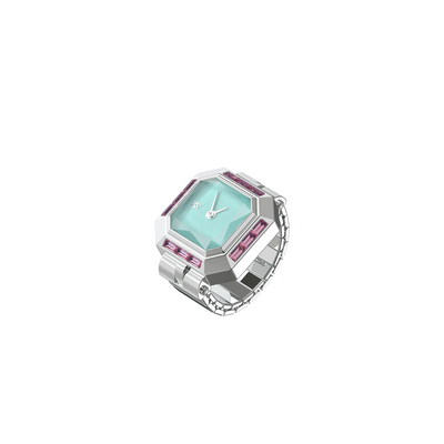 Sofia Prism Cocktail Watch Ring Mint Chocolate - Silver Ring Timepiece with Refreshing Mint Green Dial, Unique Accessory | Pascaldesign